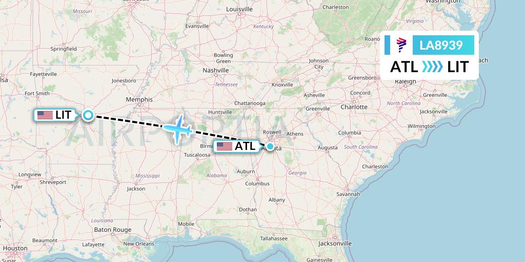 LA8939 LAN Airlines Flight Map: Atlanta to Little Rock