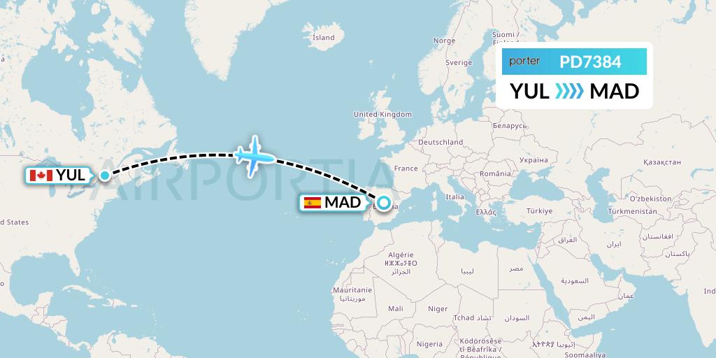 PD7384 Porter Airlines Flight Map: Montreal to Madrid