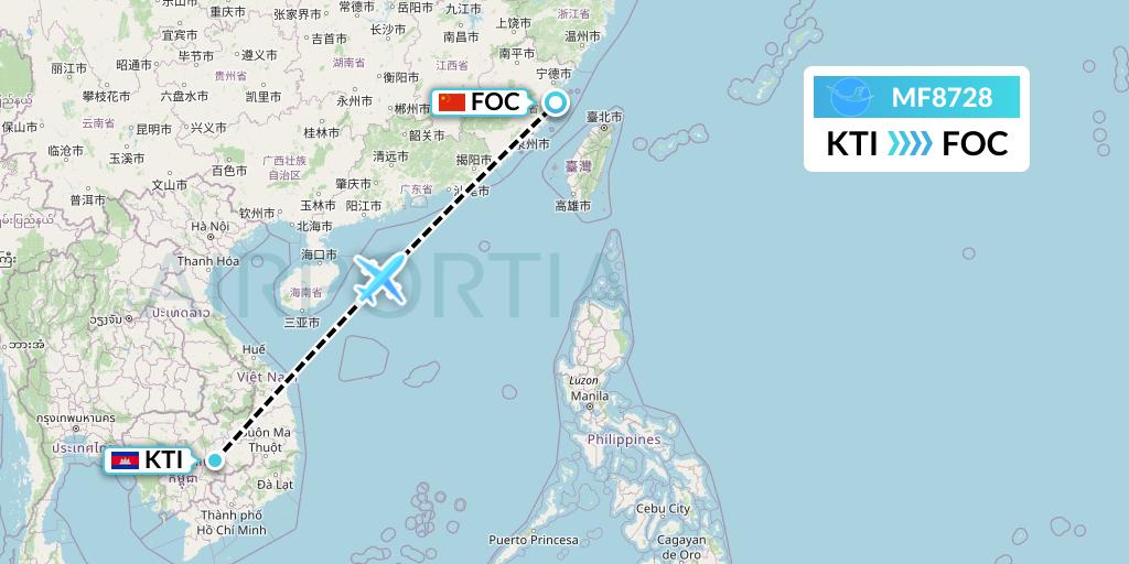 MF8728 Xiamen Airlines Flight Map: Kratie to Fuzhou