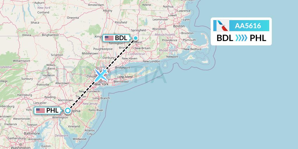 AA5616 American Airlines Flight Map: Windsor Locks to Philadelphia