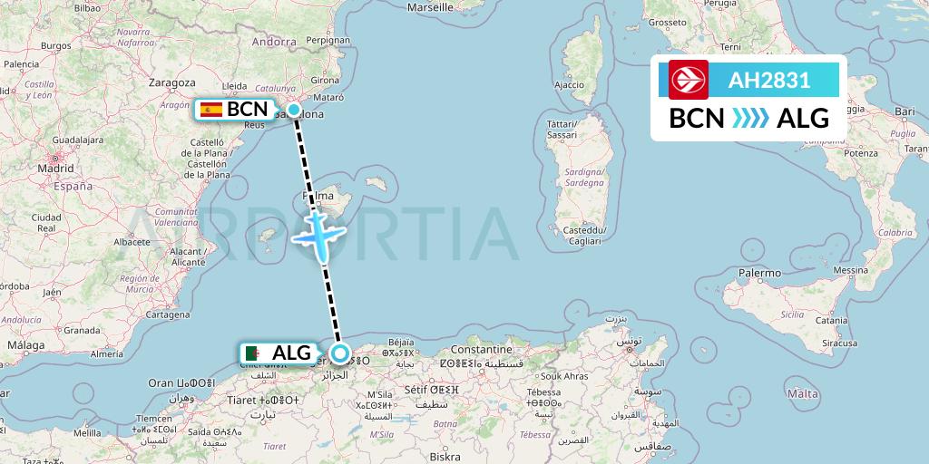 AH2831 Air Algerie Flight Map: Barcelona to Algiers