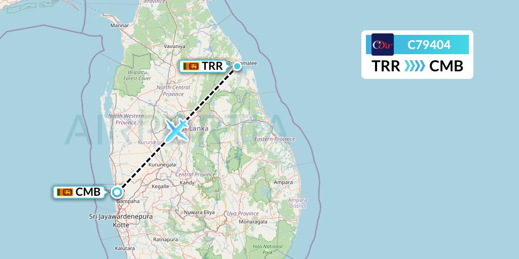 C79404 Cinnamon Air Flight Map: Trincomalee to Colombo