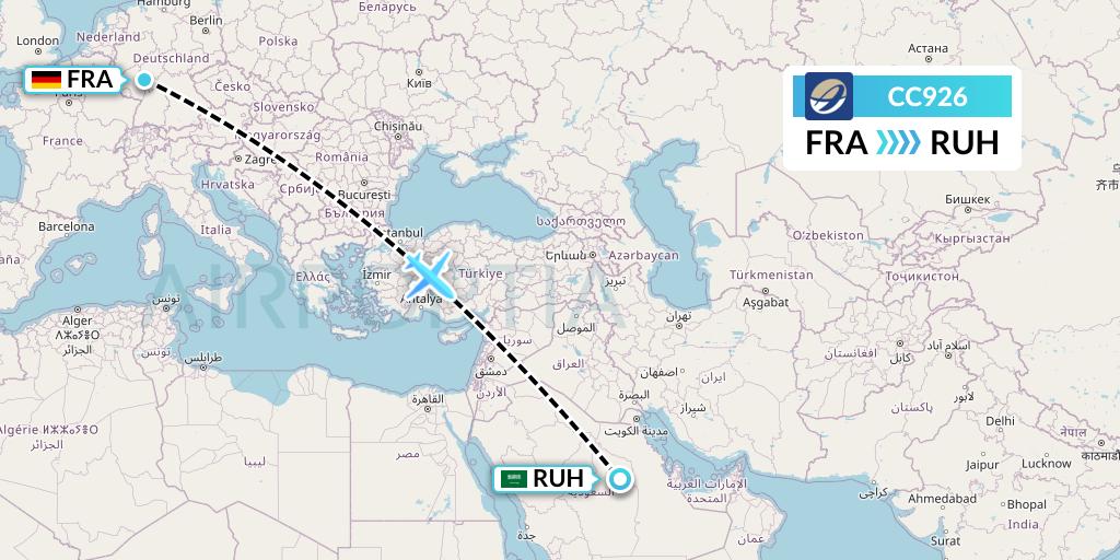 CC926 CM Airlines Flight Map: Frankfurt to Riyadh