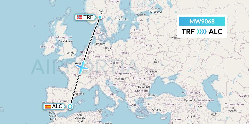 MW9068 Mokulele Flight Service Flight Map: Oslo to Alicante