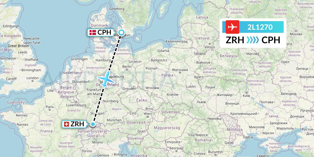 2L1270 Helvetic Airways Flight Map: Zurich to Copenhagen