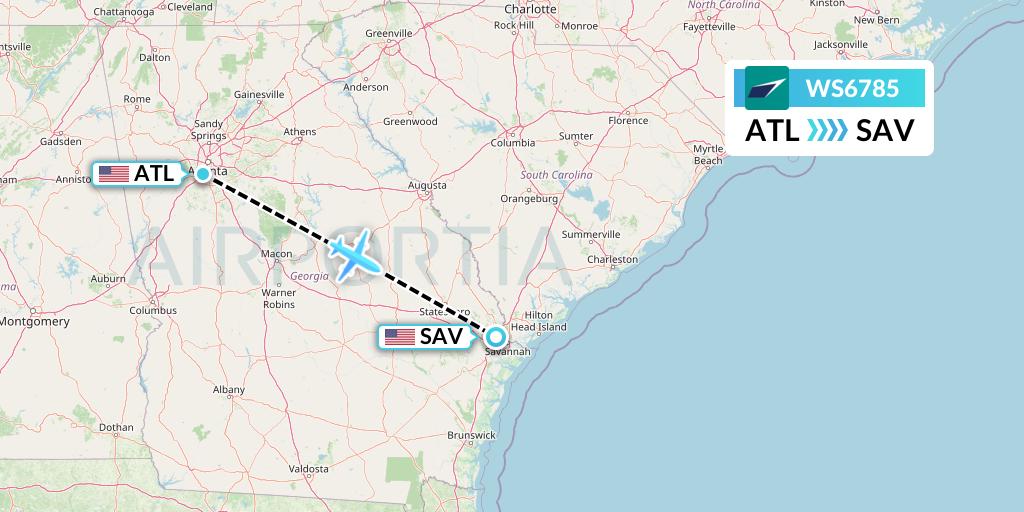 WS6785 WestJet Flight Map: Atlanta to Savannah