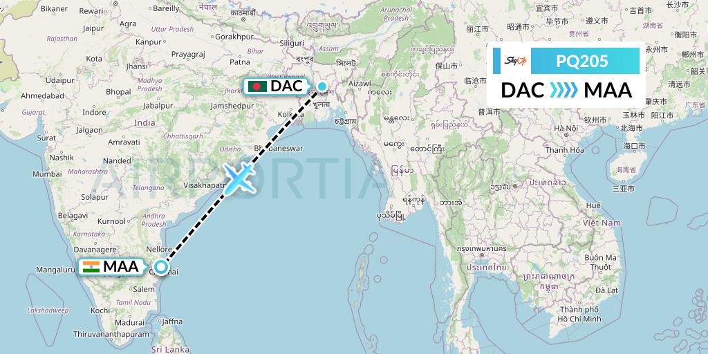 PQ205 SkyUp Airlines Flight Map: Dhaka to Chennai