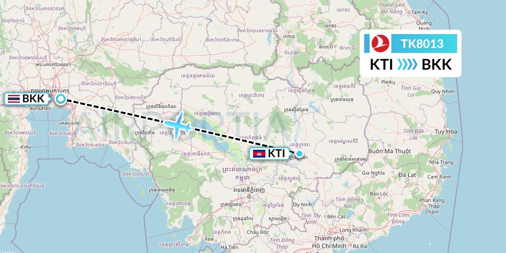 TK8013 Turkish Airlines Flight Map: Kratie to Bangkok