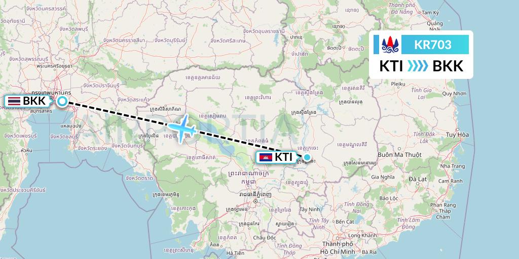 KR703 Cambodia Airways Flight Map: Kratie to Bangkok