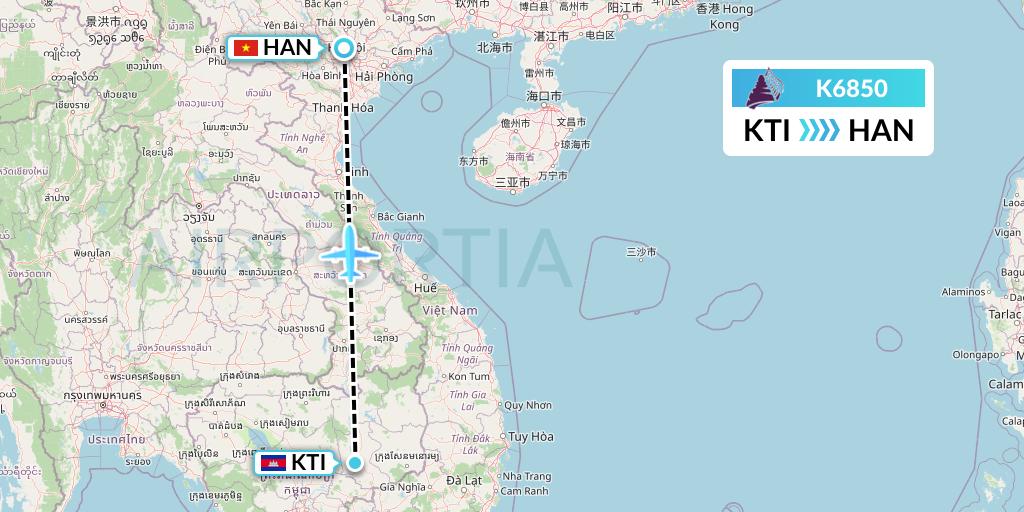 K6850 Cambodia Angkor Air Flight Map: Kratie to Hanoi