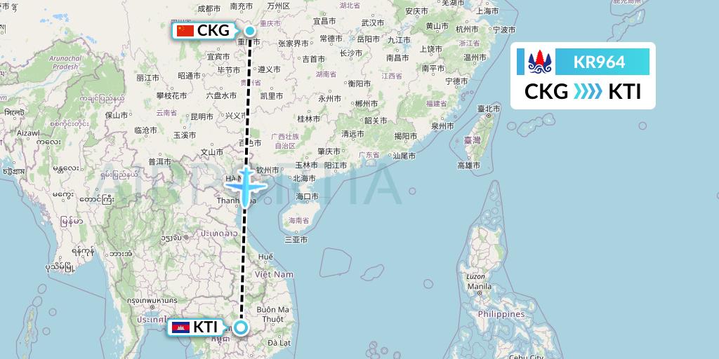 KR964 Cambodia Airways Flight Map: Chongqing to Kratie