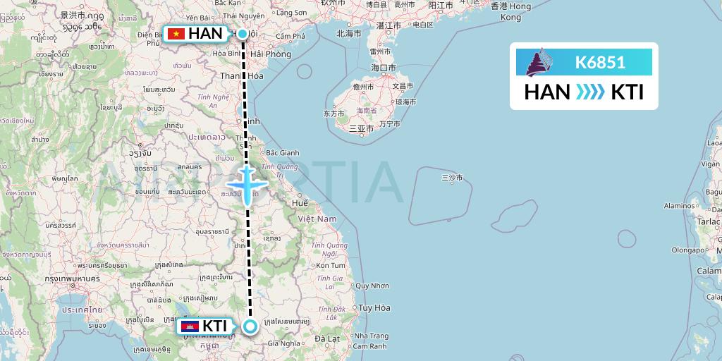 K6851 Cambodia Angkor Air Flight Map: Hanoi to Kratie