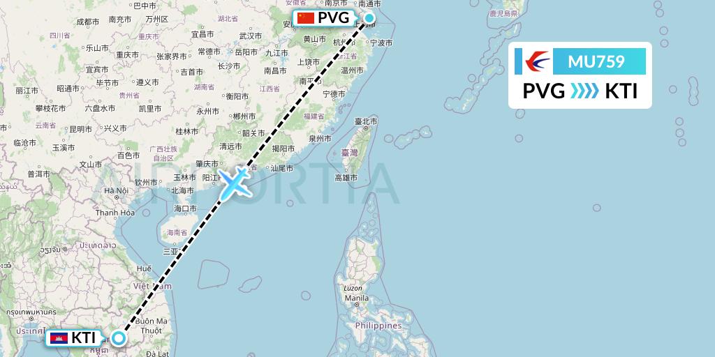 MU759 China Eastern Airlines Flight Map: Shanghai to Kratie