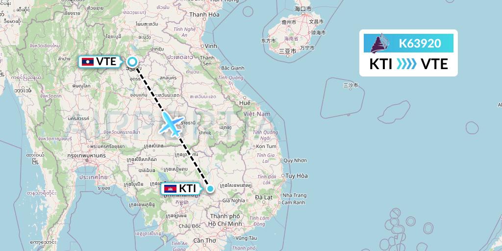 K63920 Cambodia Angkor Air Flight Map: Kratie to Vientiane
