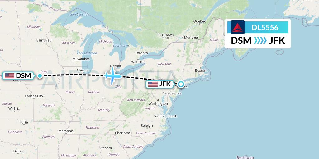 DL5556 Delta Air Lines Flight Map: Des Moines to New York