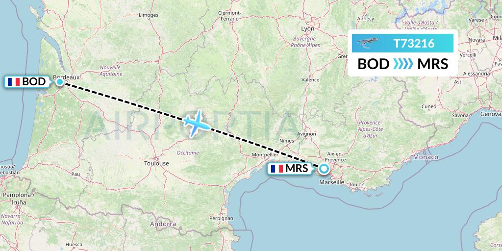 T73216 Twin Jet Flight Map: Bordeaux to Marseille
