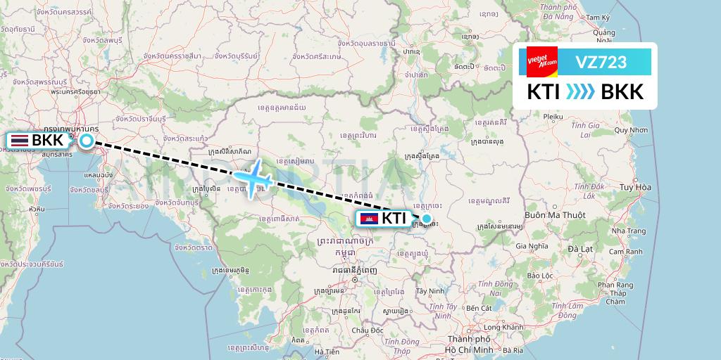 VZ723 Thai Vietjet Air Flight Map: Kratie to Bangkok