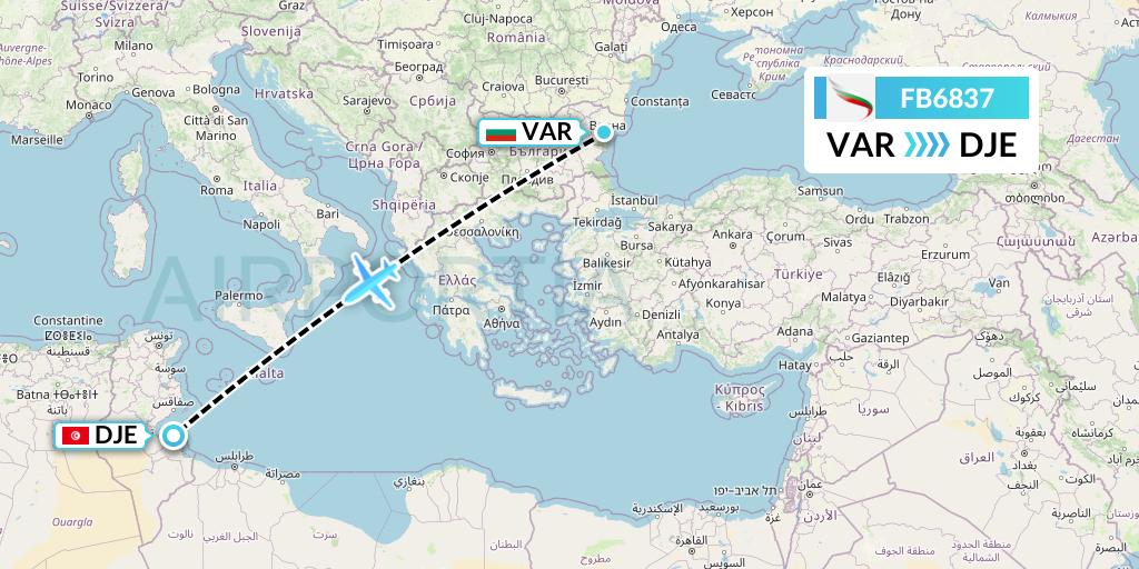FB6837 Bulgaria Air Flight Map: Varna to Djerba
