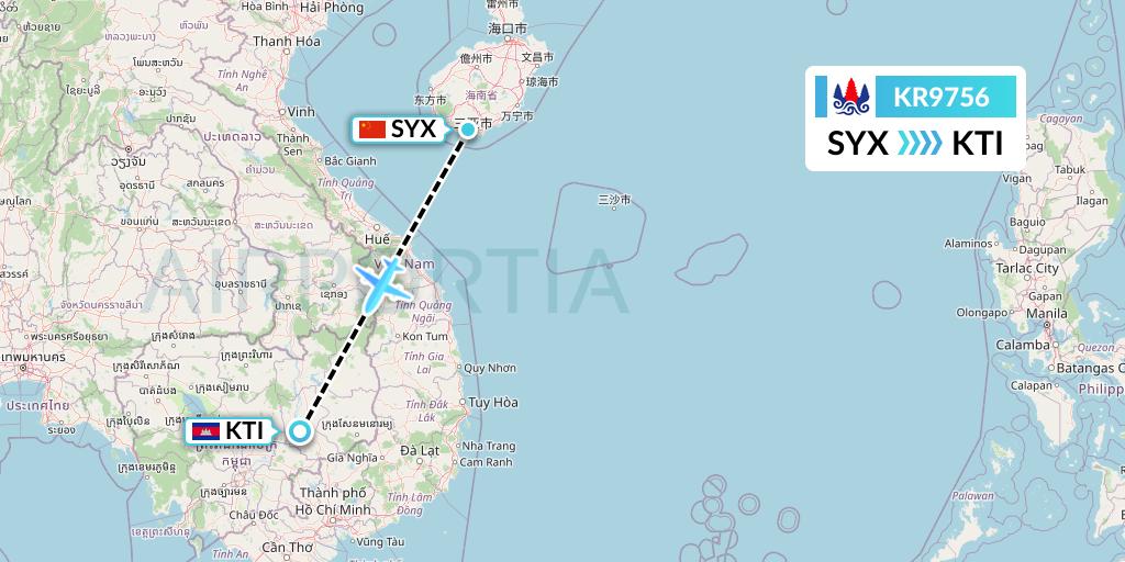 KR9756 Cambodia Airways Flight Map: Sanya to Kratie