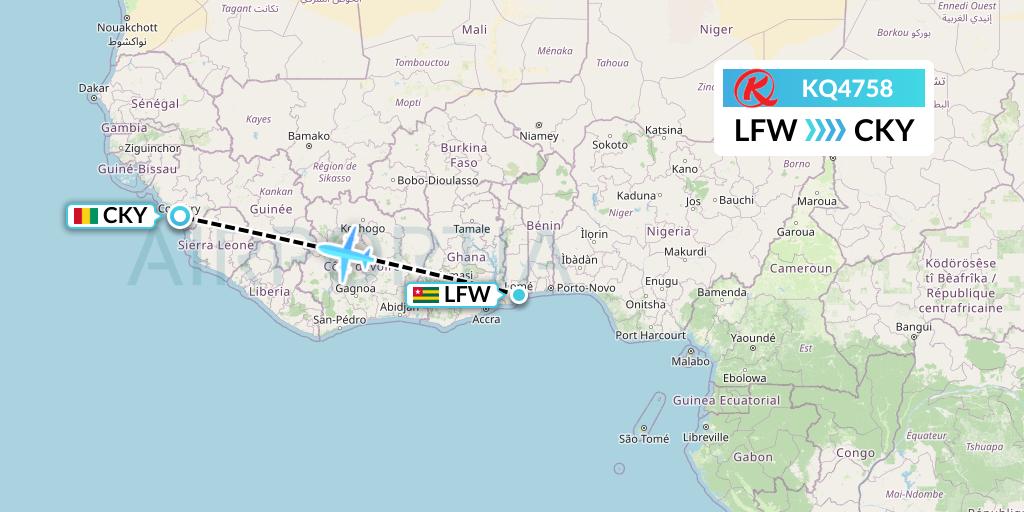 KQ4758 Kenya Airways Flight Map: Lome to Conakry