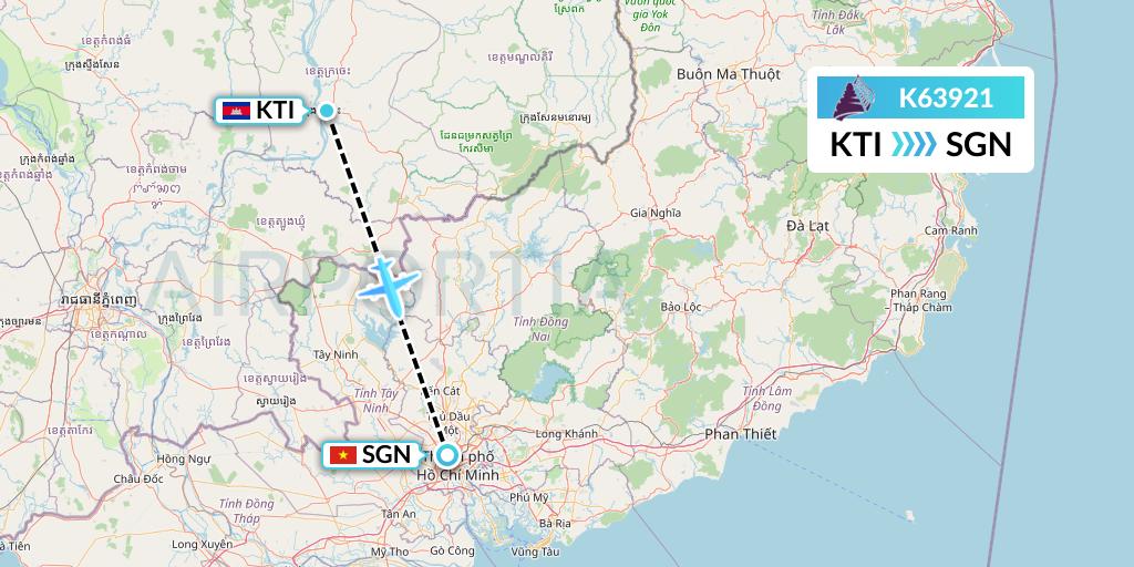 K63921 Cambodia Angkor Air Flight Map: Kratie to Ho Chi Minh City