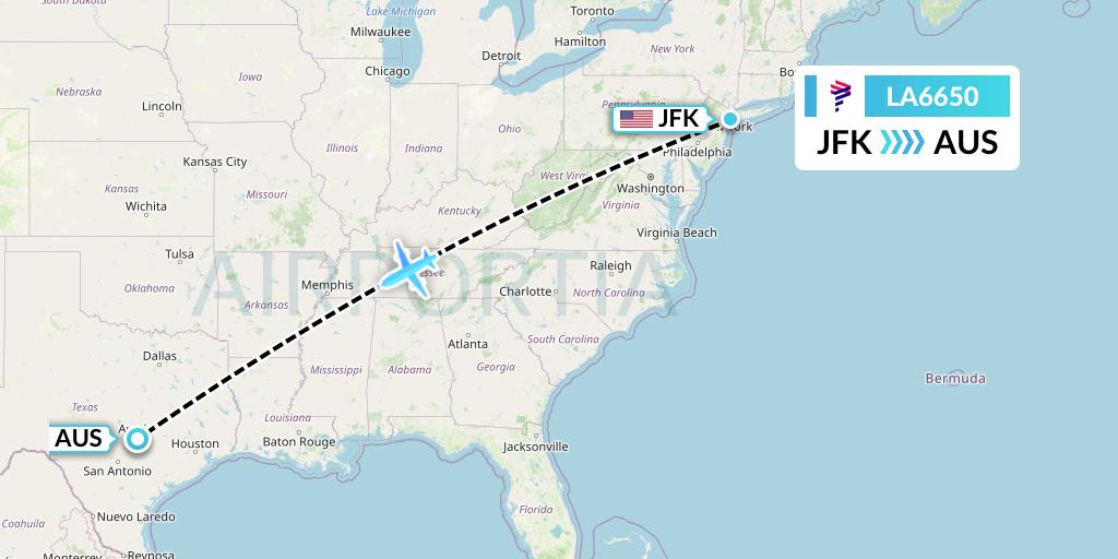 LA6650 LAN Airlines Flight Map: New York to Austin