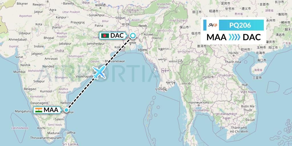 PQ206 SkyUp Airlines Flight Map: Chennai to Dhaka