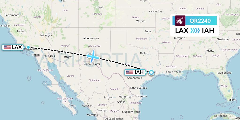QR2240 Qatar Airways Flight Map: Los Angeles to Houston