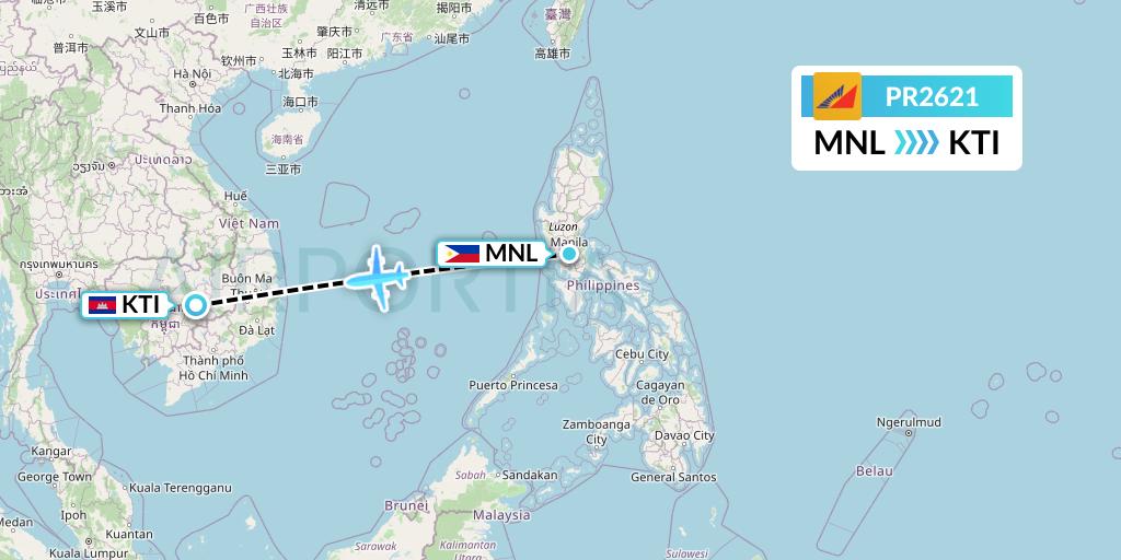 PR2621 Philippine Airlines Flight Map: Manila to Kratie