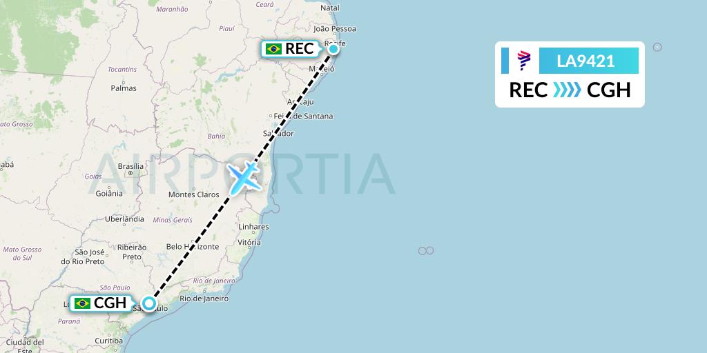 LA9421 LAN Airlines Flight Map: Recife to Sao Paulo