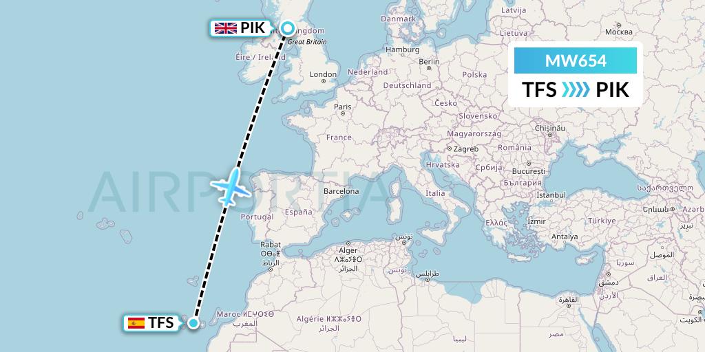 MW654 Mokulele Flight Service Flight Map: Tenerife to Prestwick
