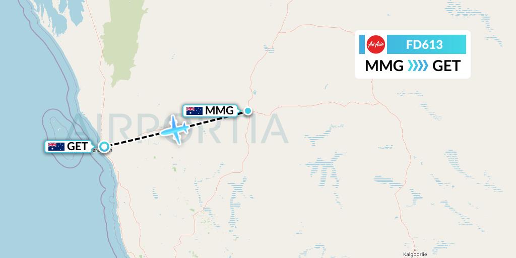 FD613 Thai AirAsia Flight Map: Australia to Geraldton