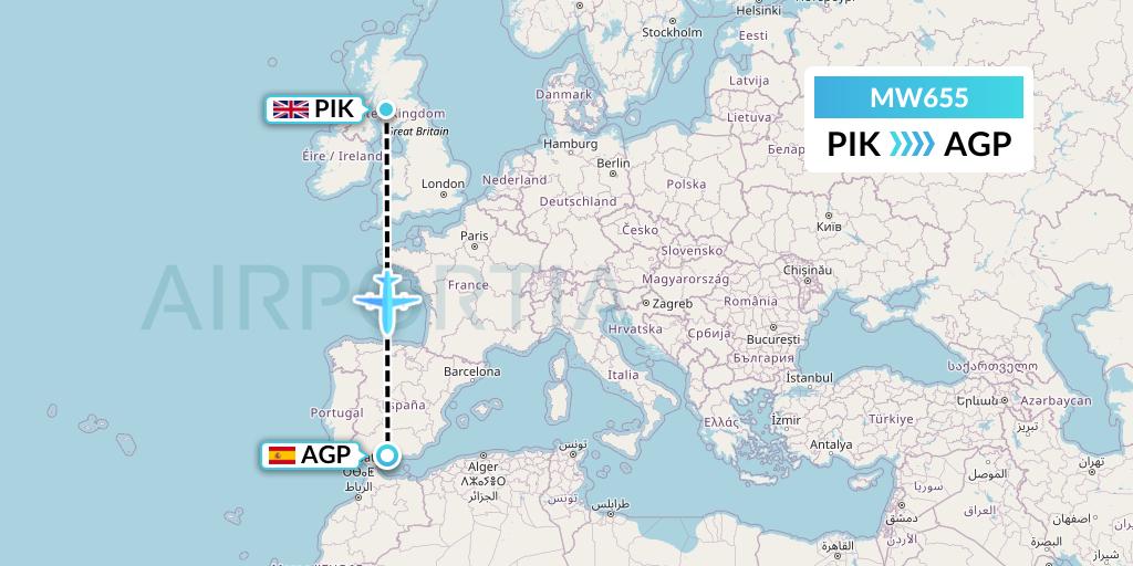 MW655 Mokulele Flight Service Flight Map: Prestwick to Malaga