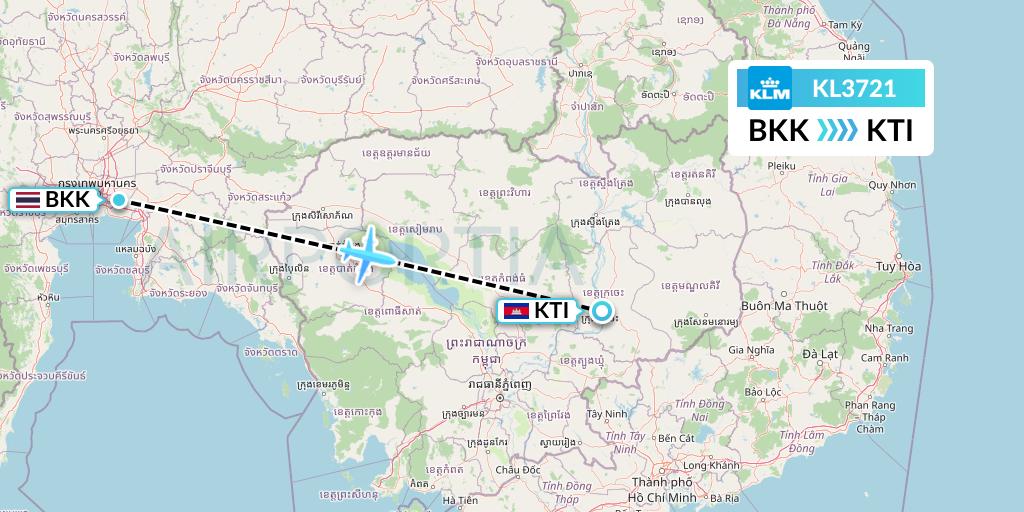 KL3721 KLM Flight Map: Bangkok to Kratie