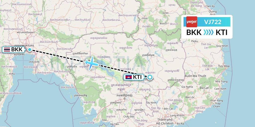 VJ722 VietJet Air Flight Map: Bangkok to Kratie