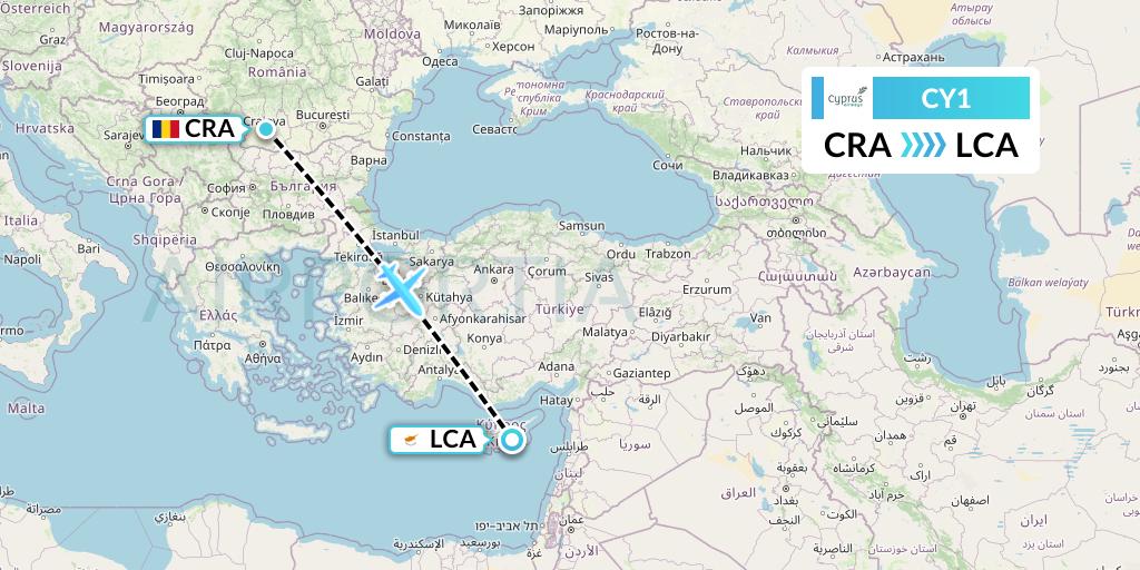 CY1 Cyprus Airways Flight Map: Craiova to Larnaca