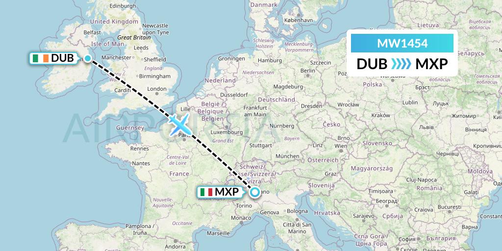 MW1454 Mokulele Flight Service Flight Map: Dublin to Milan