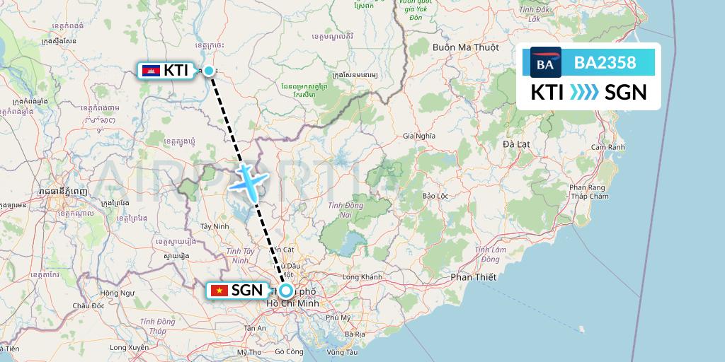 BA2358 British Airways Flight Map: Kratie to Ho Chi Minh City