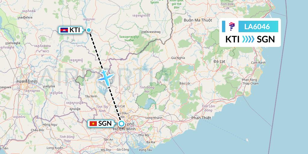 LA6046 LAN Airlines Flight Map: Kratie to Ho Chi Minh City