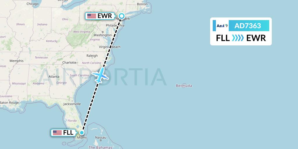 AD7363 Azul Brazilian Airlines Flight Map: Fort Lauderdale to New York