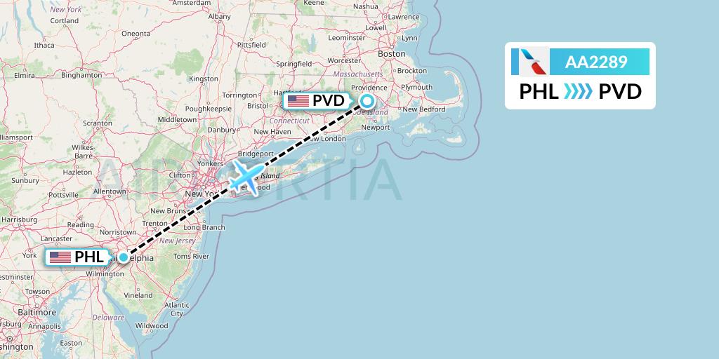 AA2289 American Airlines Flight Map: Philadelphia to Providence