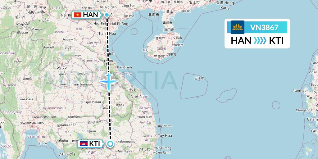 VN3867 Vietnam Airlines Flight Map: Hanoi to Kratie
