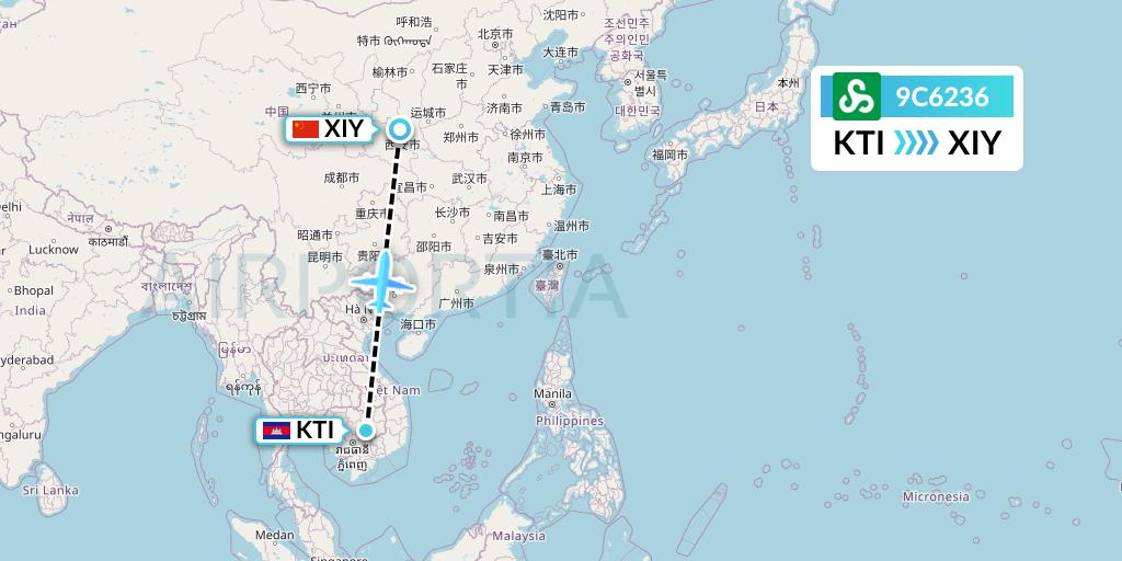 9C6236 Spring Airlines Flight Map: Kratie to Xi'an