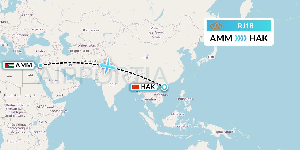 RJ18 Royal Jordanian Flight Map: Amman to Haikou