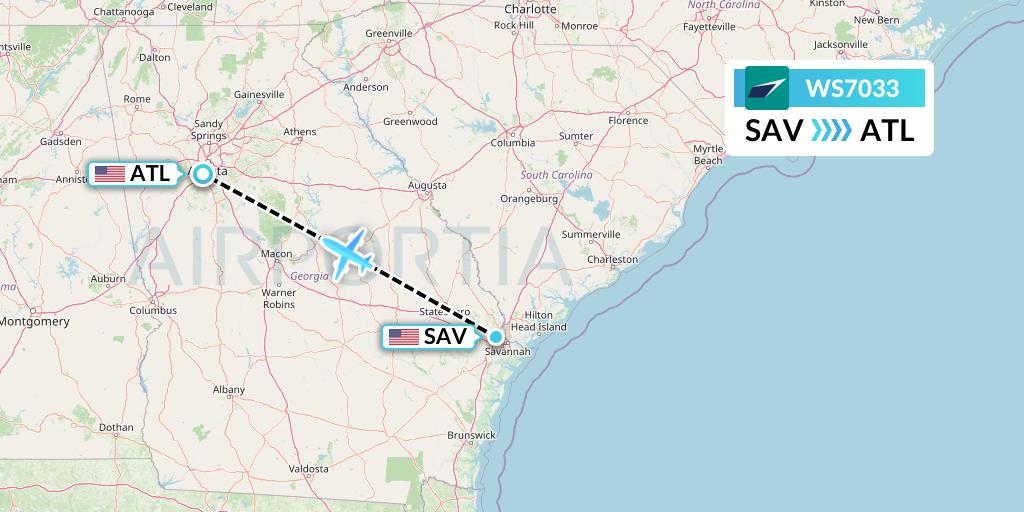 WS7033 WestJet Flight Map: Savannah to Atlanta