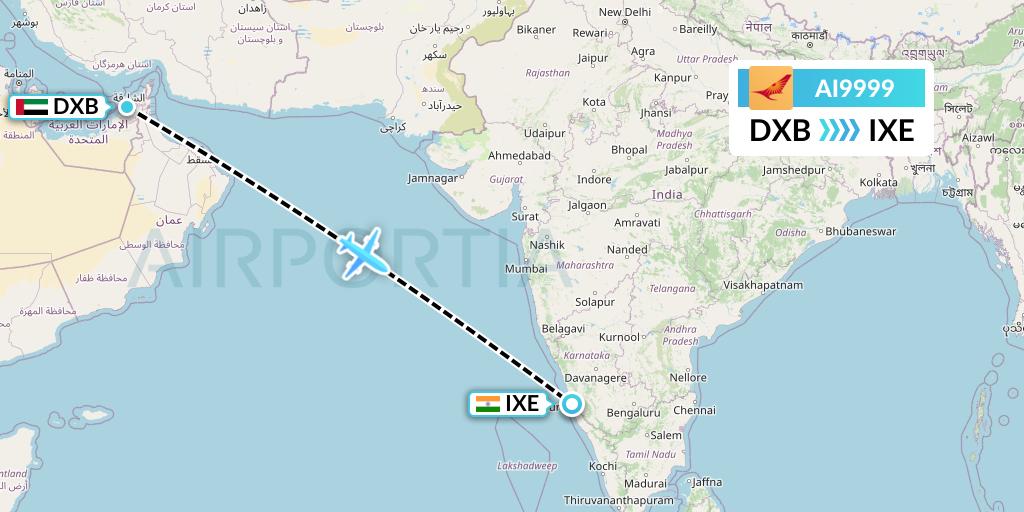 AI9999 Air India Flight Map: Dubai to Mangalore