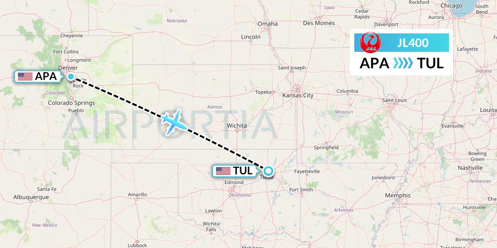 JL400 Japan Airlines Flight Map: Denver to Tulsa