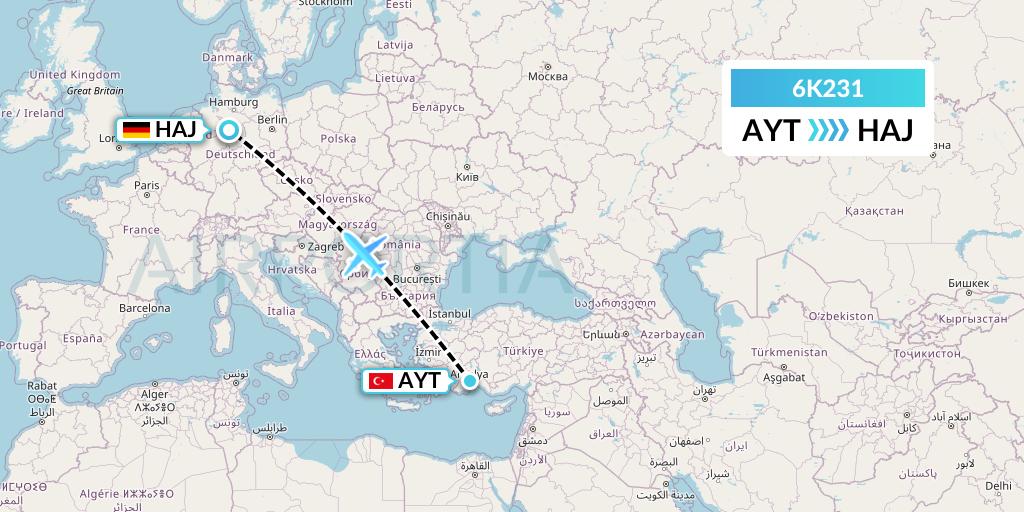 6K231 Songbird Airways Flight Map: Antalya to Hannover
