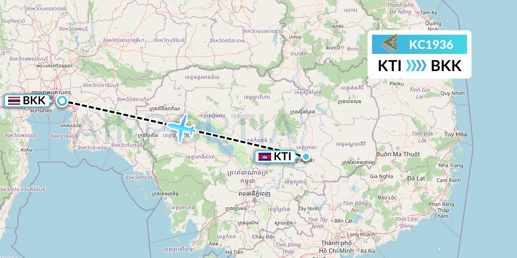 KC1936 Air Astana Flight Map: Kratie to Bangkok