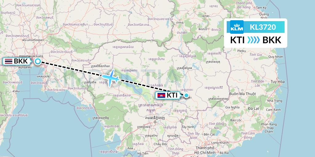 KL3720 KLM Flight Map: Kratie to Bangkok
